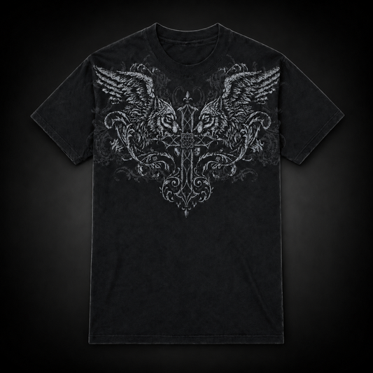 Symmetrical Wings Graphic Tee – front, winged tigers and cross on black