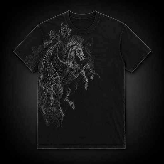 Black Horse Graphic Tee – front, grey winged horse print on black